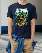 Alpha Dino Street Style Graphic T Shirt Urban Hip Hop Tee - model wearing navy tee with hands in pockets