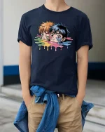 Melting Anime Duo Graphic T Shirt Color Drip Art Tee - model wearing navy tee with hands in pockets