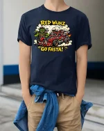 Red Wunz Go Fasta Orc Racing Graphic T Shirt Funny Tee - model wearing navy tee with hands in pockets
