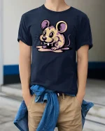 Cute Melting Mouse Graphic T Shirt Kawaii Drip Art Tee - model wearing navy tee with hands in pockets