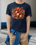 Autumn Apples Acorns Leaves Graphic T-Shirt Fall Harvest Tee - model wearing navy tee with hands in pockets