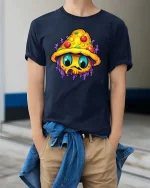 Psychedelic Mushroom Monster Graphic T-Shirt Trippy Art Tee - model wearing navy tee with hands in pockets