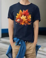 Autumn Maple Leaves Graphic T-Shirt Fall Nature Seasonal Tee - model wearing navy tee with hands in pockets