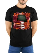 Autumn Teacher Books Chalkboard Graphic T-Shirt Fall School Tee - model wearing black tee with hands behind back