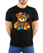 Cool Streetwear Teddy Bear Graphic T-Shirt Hip Hop Style Tee - model wearing black tee with hands behind back