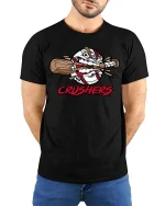Baseball Crushers Graphic T-Shirt Power Hitter Team Tee - model wearing black tee with hands behind back
