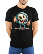 Funny Cyclops Monster Thumbs Up Graphic T-Shirt Cute Creepy Tee - model wearing black tee with hands behind back