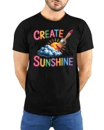 Create Your Own Sunshine Graphic T-Shirt Positive Art Tee - model wearing black tee with hands behind back