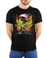 Cool Alien DJ Graphic T-Shirt Neon Space Vibes Tee - model wearing black tee with hands behind back