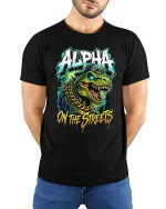 Alpha Dino Street Style Graphic T Shirt Urban Hip Hop Tee - model wearing black tee with hands behind back