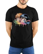Melting Anime Duo Graphic T Shirt Color Drip Art Tee - model wearing black tee with hands behind back