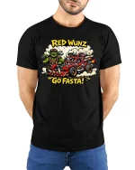 Red Wunz Go Fasta Orc Racing Graphic T Shirt Funny Tee - model wearing black tee with hands behind back