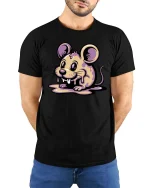 Cute Melting Mouse Graphic T Shirt Kawaii Drip Art Tee - model wearing black tee with hands behind back