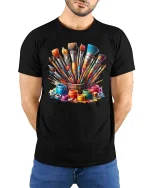 Colorful Paint Brushes Artist Graphic T Shirt Creative Art Tee - model wearing black tee with hands behind back