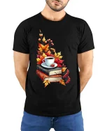 Cozy Autumn Coffee Books Graphic T-Shirt Fall Reading Tee - model wearing black tee with hands behind back