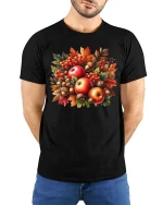 Autumn Apples Acorns Leaves Graphic T-Shirt Fall Harvest Tee - model wearing black tee with hands behind back