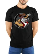 Outlaw Baseball Cowboy Graphic T-Shirt Wild West Sports Tee - model wearing black tee with hands behind back