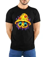 Psychedelic Mushroom Monster Graphic T-Shirt Trippy Art Tee - model wearing black tee with hands behind back