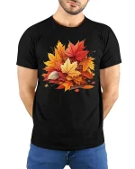 Autumn Maple Leaves Graphic T-Shirt Fall Nature Seasonal Tee - model wearing black tee with hands behind back