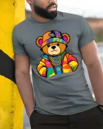 Cool Streetwear Teddy Bear Graphic T-Shirt Hip Hop Style Tee - model wearing grey tee, leaning on column