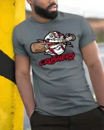 Baseball Crushers Graphic T-Shirt Power Hitter Team Tee - model wearing grey tee, leaning on column