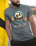 Funny Cyclops Monster Thumbs Up Graphic T-Shirt Cute Creepy Tee - model wearing grey tee, leaning on column
