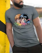 Melting Anime Duo Graphic T Shirt Color Drip Art Tee - model wearing grey tee, leaning on column