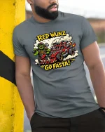 Red Wunz Go Fasta Orc Racing Graphic T Shirt Funny Tee - model wearing grey tee, leaning on column