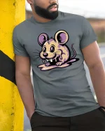 Cute Melting Mouse Graphic T Shirt Kawaii Drip Art Tee - model wearing grey tee, leaning on column