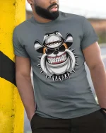Bulldog Cowboy Graphic T Shirt Tough Biker Style Dog Tee - model wearing grey tee, leaning on column