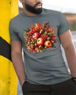 Autumn Apples Acorns Leaves Graphic T-Shirt Fall Harvest Tee - model wearing grey tee, leaning on column