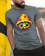 Psychedelic Mushroom Monster Graphic T-Shirt Trippy Art Tee - model wearing grey tee, leaning on column