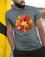 Autumn Maple Leaves Graphic T-Shirt Fall Nature Seasonal Tee - model wearing grey tee, leaning on column