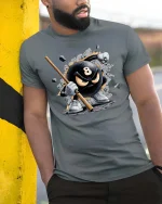 Angry 8 Ball Smash Graphic T-Shirt Pool Player Attitude Tee - model wearing grey tee, leaning on column