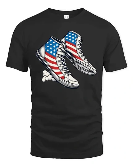 USA Flag Sneakers Patriotic Style Graphic T Shirt - black t-shirt on white background
