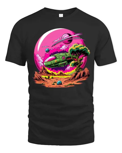 Retro Space Landscape Sci Fi Planet Graphic T Shirt Style - black t-shirt on white background