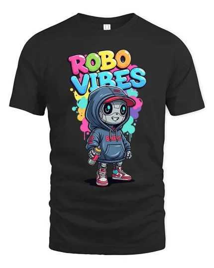 Robo Vibes Cute Street Robot Graphic T Shirt Style - black t-shirt on white background