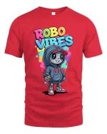 Robo Vibes Cute Street Robot Graphic T Shirt Style - red t-shirt on white background