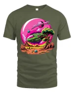 Retro Space Landscape Sci Fi Planet Graphic T Shirt Style - military green t-shirt on white background