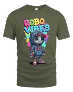 Robo Vibes Cute Street Robot Graphic T Shirt Style - military green t-shirt on white background