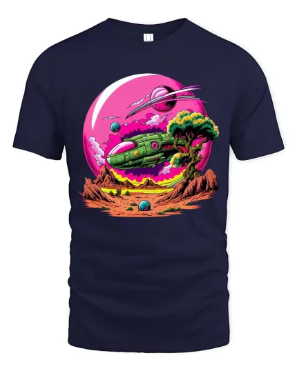 Retro Space Landscape Sci Fi Planet Graphic T Shirt Style - navy t-shirt on white background
