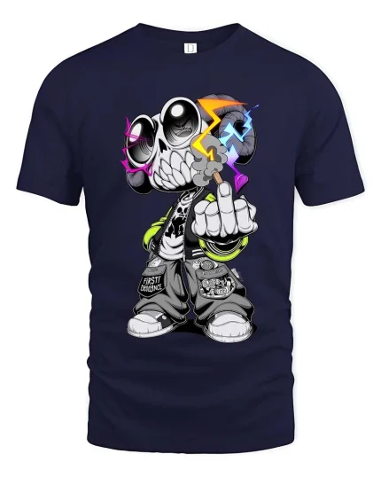 Street Skull Rebel Neon Urban Graphic T Shirt Style - navy t-shirt on white background