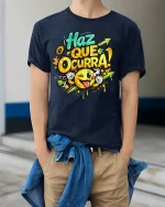 Haz Que Ocurra Smile Graphic Motivational Tshirt Fun Style - model wearing navy tee with hands in pockets