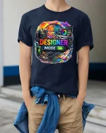 Designer Mode On Creative Graphic Artist T Shirt Style - model wearing navy tee with hands in pockets
