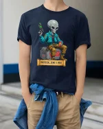 Protocol Zero Void Alien Sci Fi Street Graphic T Shirt - model wearing navy tee with hands in pockets