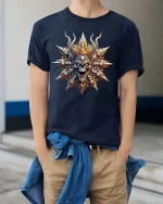 Royal Skull King Crown Dark Gothic Graphic T Shirt - model wearing navy tee with hands in pockets