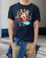 Creative Skate Hand Pop Art Colorful Graphic T Shirt Style - model wearing navy tee with hands in pockets