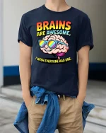 Brains Are Awesome Funny Smart Humor Graphic T Shirt - model wearing navy tee with hands in pockets