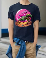 Retro Space Landscape Sci Fi Planet Graphic T Shirt Style - model wearing navy tee with hands in pockets