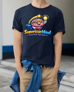 Superstar Mind Brain Hero Smart Graphic T Shirt Style - model wearing navy tee with hands in pockets